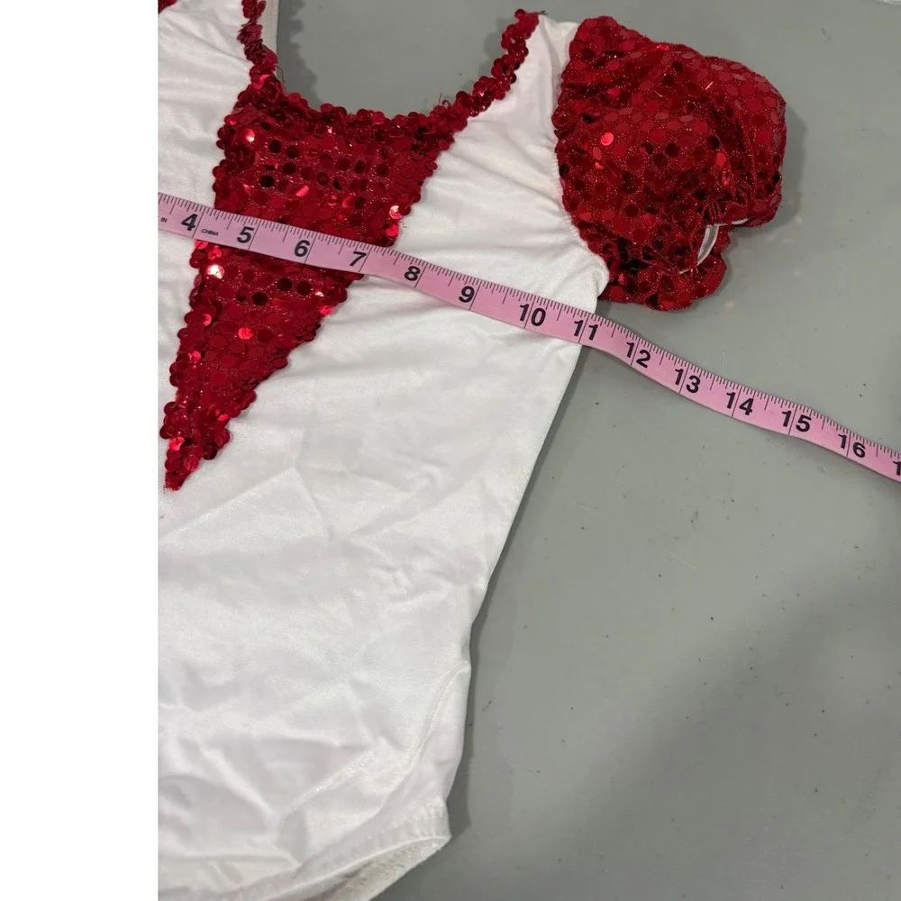 Vintage 90s Kids Dance Costume Competition Set Red White Sequin Bodysuit Skirt